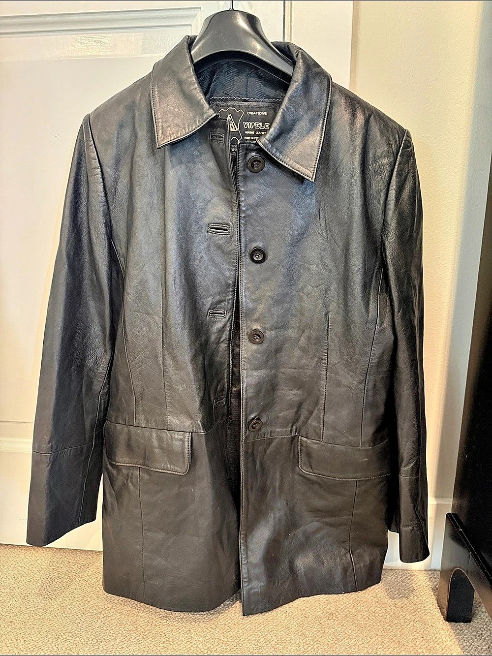 Vipele Women’s Leather Button-Front Vintage Blazer Jacket in Black